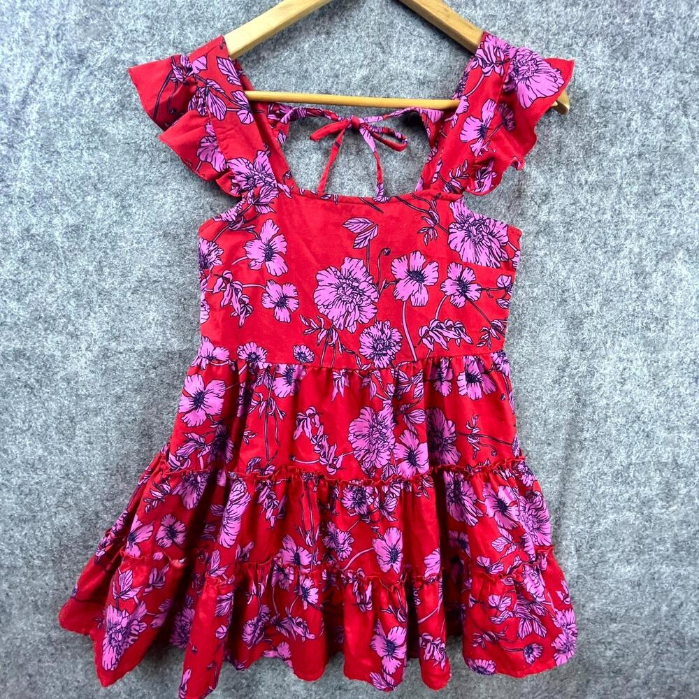 B.O.G Collective Mini Tiered Dress/Top‎ XS Red Floral Babydoll Ruffle